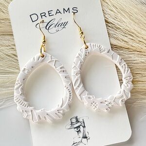 White Floral Teardrop Polymer Clay Earrings